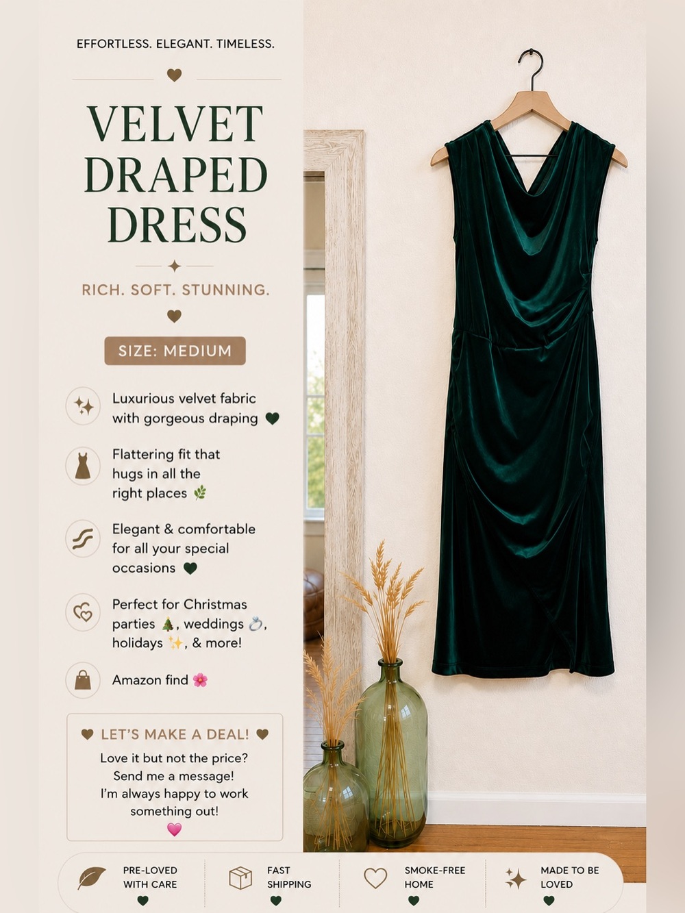 🎄✨ Emerald Green Velvet Draped Midi Dress ✨